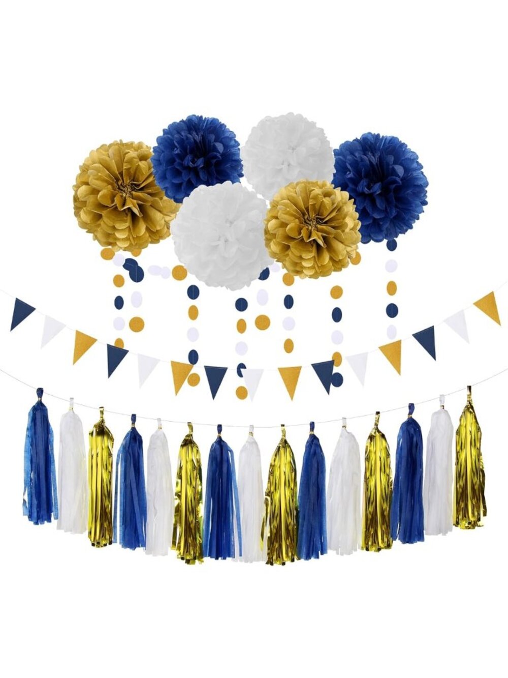 Navy Blue & Gold Party Decor Kit - 23pcs Paper Flowers, Banners, Tassels & More!